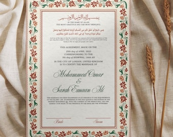 Klassiskt Nikkah-intyg, islamiskt vigselkontrakt i A4-format, muslimskt vigselbevis, Nikkah Nama med personliga namn