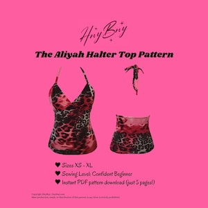 May include: The Aliyah Halter Top Pattern by Hny Bny features a pink and black leopard print design. The digital document includes instructions for sizes XS-XL, a confident beginner sewing level, and a 5-page instant PDF pattern download.