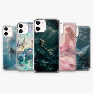 May include: Five phone cases with mermaid illustrations. Each case displays a unique underwater scene with mermaids in different poses and settings, with a focus on blues, greens, and pinks.