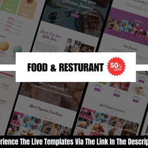 May include: A website design for a food and restaurant business, featuring various food images and a 50% off promotion. The design includes sections for menus, services, and popular creations. The text "FOOD & RESTURANT" is prominently displayed.