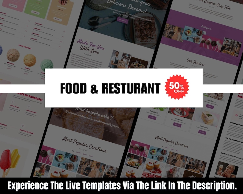 May include: A website design for a food and restaurant business, featuring various food images and a 50% off promotion. The design includes sections for menus, services, and popular creations. The text "FOOD & RESTURANT" is prominently displayed.