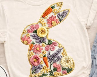 Patrón de costura de bordado de conejito de Pascua de primavera en formato PNG, imágenes prediseñadas de sudadera retro para niños pequeños para el día de Pascua en formato PNG, camisa cristiana popular Coquette