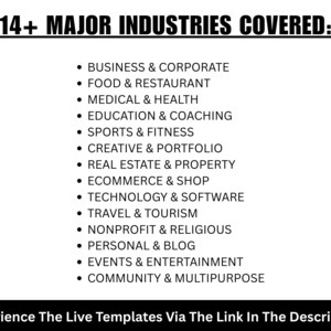 May include: A black and white graphic lists 14+ major industries covered, including business, food, medical, education, sports, creative, real estate, e-commerce, technology, travel, nonprofit, personal, events, and community. The text "Experience The Live Templates Via The Link In The Description" is at the bottom.