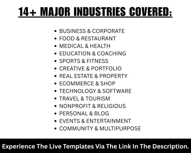 May include: A black and white graphic lists 14+ major industries covered, including business, food, medical, education, sports, creative, real estate, e-commerce, technology, travel, nonprofit, personal, events, and community. The text "Experience The Live Templates Via The Link In The Description" is at the bottom.