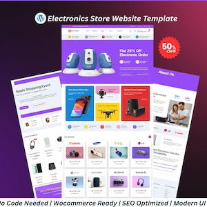 May include: A website template for an electronics store, with a purple and white design. The template displays various product categories, such as cameras, smartphones, and appliances. Text includes "Electronics Store Website Template", "Apple Shopping Event", and "Flat 25% Off Electronic Order".