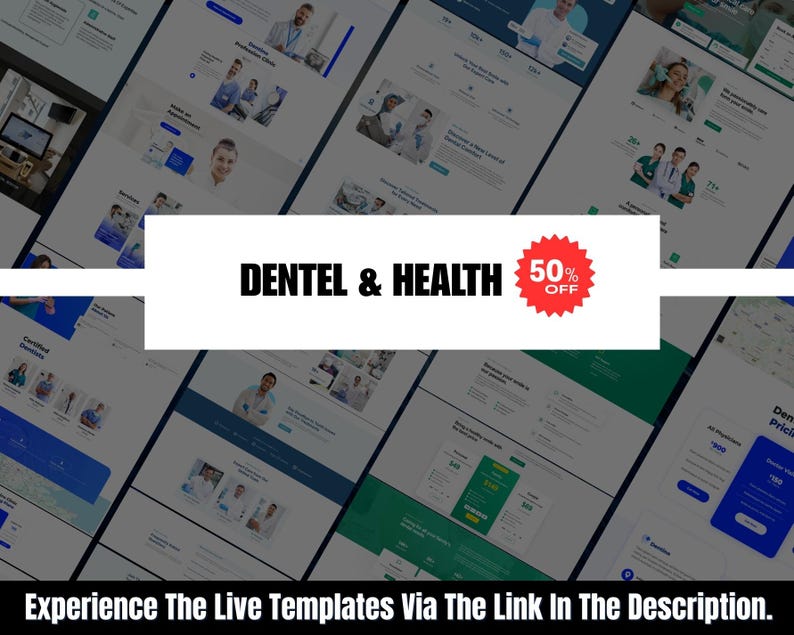 May include: A digital mockup of a website design with a medical theme. The design features images of medical professionals and website layouts. The text "DENTEL & HEALTH" is displayed with a 50% off badge. The text "Experience The Live Templates Via The Link In The Description" is also displayed.
