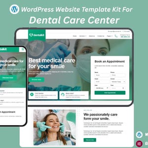 Può includere: Kit modello di sito Web per un centro di assistenza odontoiatrica, che mostra uno schermo di telefono cellulare e tablet che mostra un design di sito Web. Il design include il testo "Best medical care for your smile" e un modulo per prenotare un appuntamento. Lo sfondo è verde acqua.