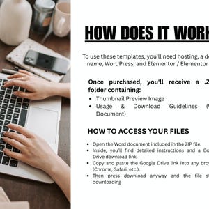 May include: A person using a laptop on a wooden desk. The screen is open, and the person's hands are on the keyboard. Text on the right side of the image reads: "HOW DOES IT WORK?" and instructions on how to access files.