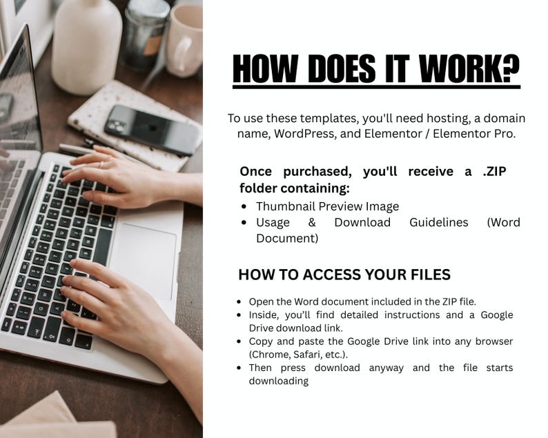 May include: A person using a laptop on a wooden desk. The screen is open, and the person's hands are on the keyboard. Text on the right side of the image reads: "HOW DOES IT WORK?" and instructions on how to access files.