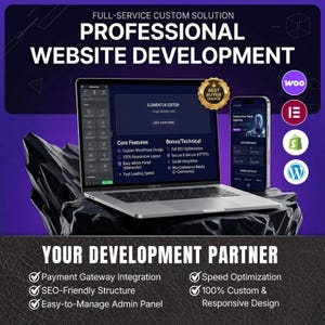 May include: A silver laptop and a smartphone displaying professional website development services. The screen shows Elementor editor features, while icons for WooCommerce, Elementor, Shopify, and WordPress are visible. Text includes Full-Service Custom Solution.