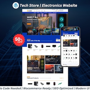 May include: A website design for an electronics store, displayed on a computer screen and a smartphone. The website features a desktop computer, a mouse, and a monitor. The image includes the text "Tech Store | Electronics Website" and a "50% OFF" promotion.