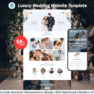 Może przedstawiać: Szablon strony internetowej dla luksusowych wesel, wyświetlany na komputerze i urządzeniu mobilnym. Projekt zawiera zdjęcia par i tekst "Sweet Moments" i "Save the Date". Szablon jest zoptymalizowany pod kątem SEO.