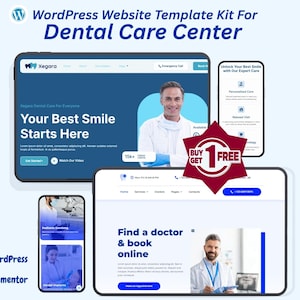 Könnte beinhalten: Ein digitales Mockup eines Zahnarzt-Website-Template-Kits, das verschiedene Bildschirmanzeigen zeigt. Das Design weist ein blaues und weißes Farbschema mit dem Text "Your Best Smile Starts Here" auf. Eine "Kaufe 1, erhalte 1 gratis"-Aktion wird ebenfalls angezeigt.