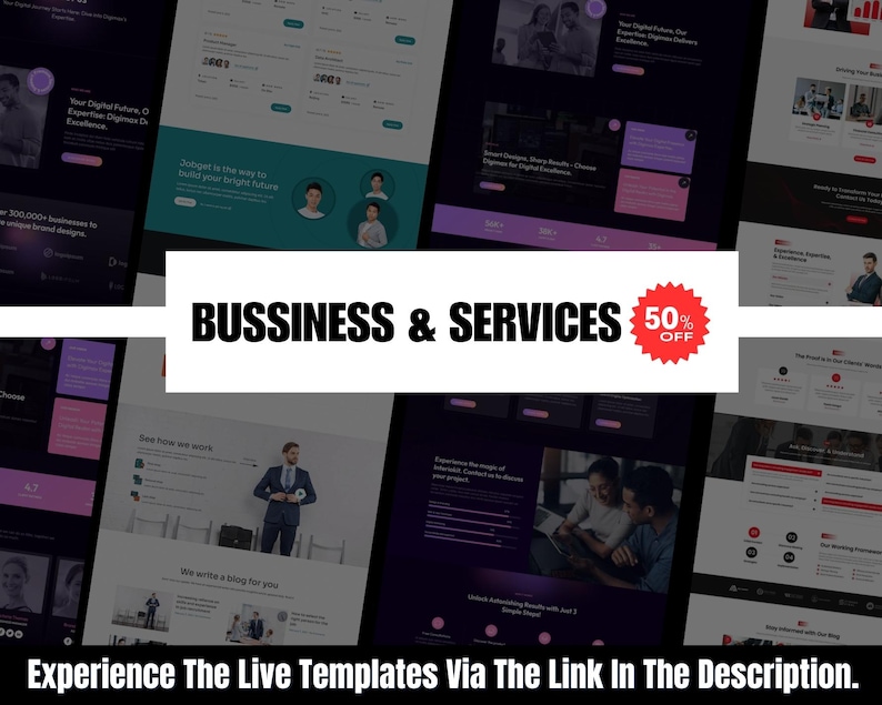 May include: A promotional image for business services, featuring website mockups with a dark purple and white color scheme. Text includes "Business & Services" with a 50% off promotion and "Experience The Live Templates Via The Link In The Description."