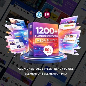 May include: A promotional image for Elementor templates. The central focus is a purple box with the text "1200+ Elementor Templates Mega Bundle" and a "50% Off" sticker. Surrounding the box are various website design examples. The image also includes the text "All Niches | All Styles | Ready to Use".