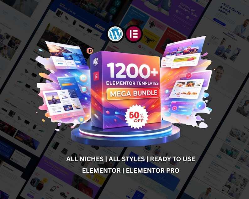 May include: A promotional image for Elementor templates. The central focus is a purple box with the text "1200+ Elementor Templates Mega Bundle" and a "50% Off" sticker. Surrounding the box are various website design examples. The image also includes the text "All Niches | All Styles | Ready to Use".