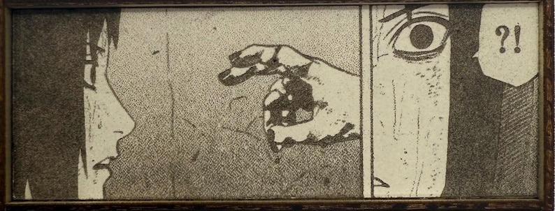 Peut inclure: Panneau de manga en noir et blanc encadr&eacute;. Le panneau repr&eacute;sente trois sections distinctes : un profil de personne, une main gesticulant et un gros plan d'un &oelig;il avec une bulle contenant un point d'interrogation et un point d'exclamation.