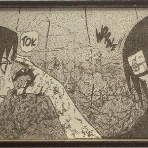 Peut inclure: Impression d'art manga en noir et blanc encadr&eacute;e, repr&eacute;sentant deux personnages. L'un touche le front de l'autre, avec le mot "TOK" dans une bulle. L'autre personnage baisse les yeux. Le fond est un motif textur&eacute; et pointill&eacute;.