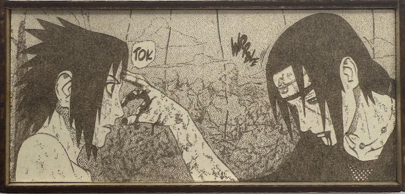 Peut inclure: Impression d'art manga en noir et blanc encadr&eacute;e, repr&eacute;sentant deux personnages. L'un touche le front de l'autre, avec le mot "TOK" dans une bulle. L'autre personnage baisse les yeux. Le fond est un motif textur&eacute; et pointill&eacute;.