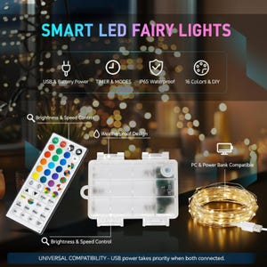 以下が含まれることがあります： リモコン、バッテリーパック、USBコネクタ付きのスマートLEDフェアリーライト。16色、DIY設定、IP65防水機能を搭載しています。画像には「Smart LED Fairy Lights」と書かれています。