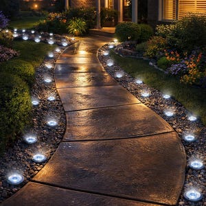 Puede incluir: Un camino de hormigón sinuoso iluminado por pequeñas luces redondas de color azul brillante. El camino está bordeado de grava, hierba y vegetación, y conduce a una casa al anochecer. La escena está iluminada por cálidas luces exteriores.