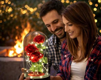 Led-roos in glazen koepel, geconserveerde bloem, romantisch cadeau