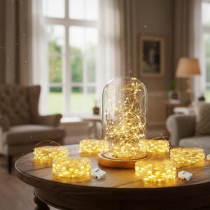 Puede incluir: Guirnaldas de luces LED blancas cálidas, algunas enrolladas y otras dentro de una campana de cristal sobre una mesa de madera. Las luces funcionan con pilas y crean un brillo ambiental acogedor. La escena está ambientada en un salón.