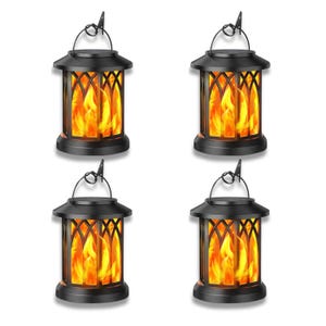 May include: Four black solar-powered lanterns with a flame effect. Each lantern has a handle and a decorative window design. The lanterns emit a warm, orange glow, creating a cozy ambiance.