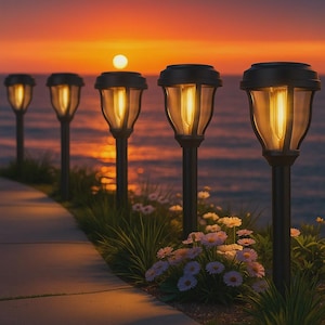 Puede incluir: Una fila de lámparas solares negras con una cálida luz. Están ubicadas a lo largo de un camino con flores y hierba, con vistas a un cuerpo de agua al atardecer. El cielo presenta un degradado de naranja y amarillo, creando un ambiente sereno.