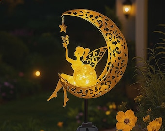 Fairy Moon-tuinverlichting op zonne-energie – buitendecoratie | Elfenbeeldje op zonne-energie voor gazon en tuin | Terras en pad | Housewarmingcadeau