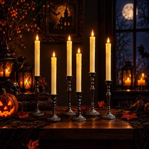 May include: Five off-white taper candles with glowing flames are set in ornate, dark metallic candle holders of varying heights. The candles feature a textured, wax-drip appearance and are arranged in a row on a dark wooden surface.