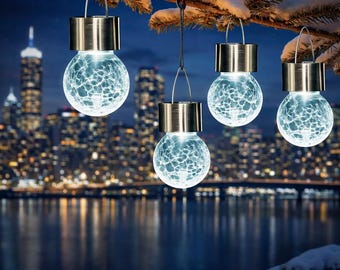 12-pack hanglampen op zonne-energie voor buiten, gebarsten glazen lantaarns op zonne-energie, waterdichte zonneverlichting voor tuinhekboom, koud buitendecor