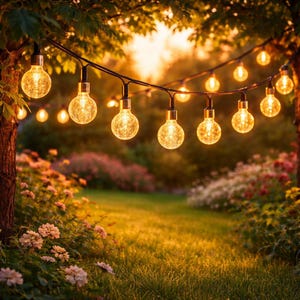 May include: A string of warm, glowing globe lights hangs from a tree branch, illuminating a lush green lawn and flower garden. The lights are round with a textured appearance, creating a cozy and inviting atmosphere. The background features a soft, blurred view of more greenery and sunlight.