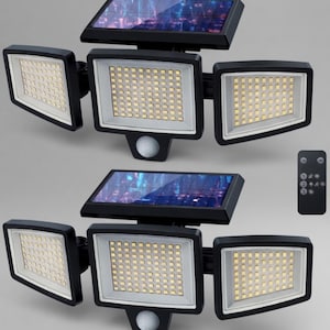 Luces solares exteriores con sensor de movimiento - 2500 lúmenes, 210 LED, impermeables, de seguridad, con control remoto, 3 cabezales, gran angular de 270°, 3 modos, paquete de 2