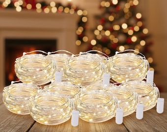 Set van 12 kerstverlichting | Op batterijen werkende zilverdraad-ledlichtslingers