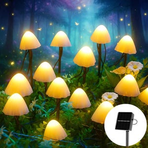 May include: A collection of solar-powered mushroom-shaped lights with a warm, inviting glow. The lights are arranged in a garden setting with green foliage and white flowers. A small solar panel is visible in the lower right corner, indicating their energy source.