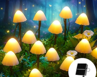 Paddenstoelentuinverlichting op zonne-energie, 20 leds 32,8 ft, waterdichte padverlichting met 8 standen voor tuin en bij op zonne-energie, lichtslingers 31 ft 50 leds voor tuin