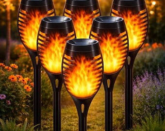 Zaklampen op zonne-energie buiten met flikkerende vlam, waterdichte tuinpadverlichting op zonne-energie voor decoratie tuinpad