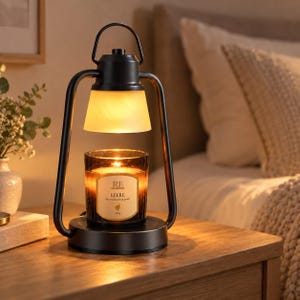 May include: A black metal candle warmer lamp with a lantern-style frame and a frosted glass shade. A dark glass candle jar with a label reading RE LIEBE is positioned on the circular base, illuminated by the warm glow from the lamp above.