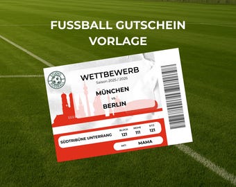 Fußball Ticket Gutschein Vorlage München | Personalisierbarer Fußball Gutschein Rot Weiß | Geschenk für Fußballfan | Weihnachtsgeschenk Mann