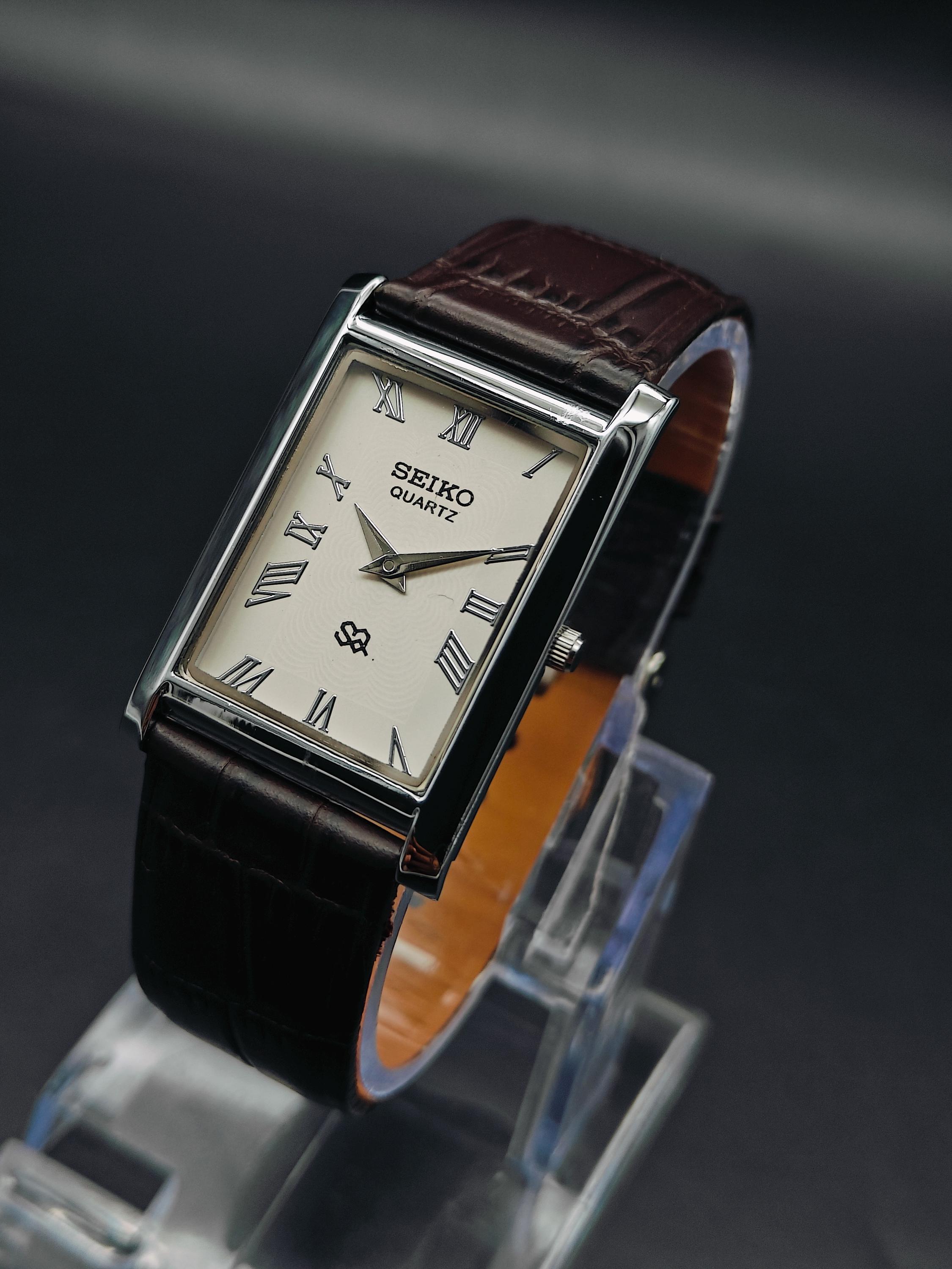 Vintage Seiko Slim Tank Quartz Men's Wrist Watch Stainless Steel Leather Strap-Rectangle Shape