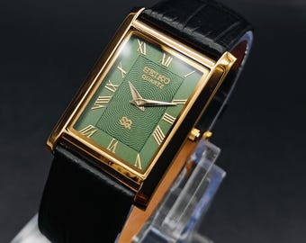 1992 Seiko Quartz Tank Watch, Pinstripe Dial, Yellow Gold-plated