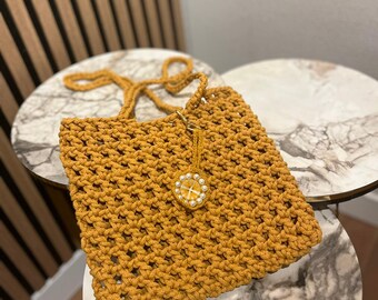 Borsa a tracolla all'uncinetto color senape fatta a mano - Borsa in maglia di cotone boho - Regalo ecologico per lei