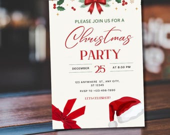 May include: A Christmas party invitation with a festive design. The invitation features a red bow, holly, and a Santa hat. The text reads "Please join us for a Christmas Party" with the date and time.