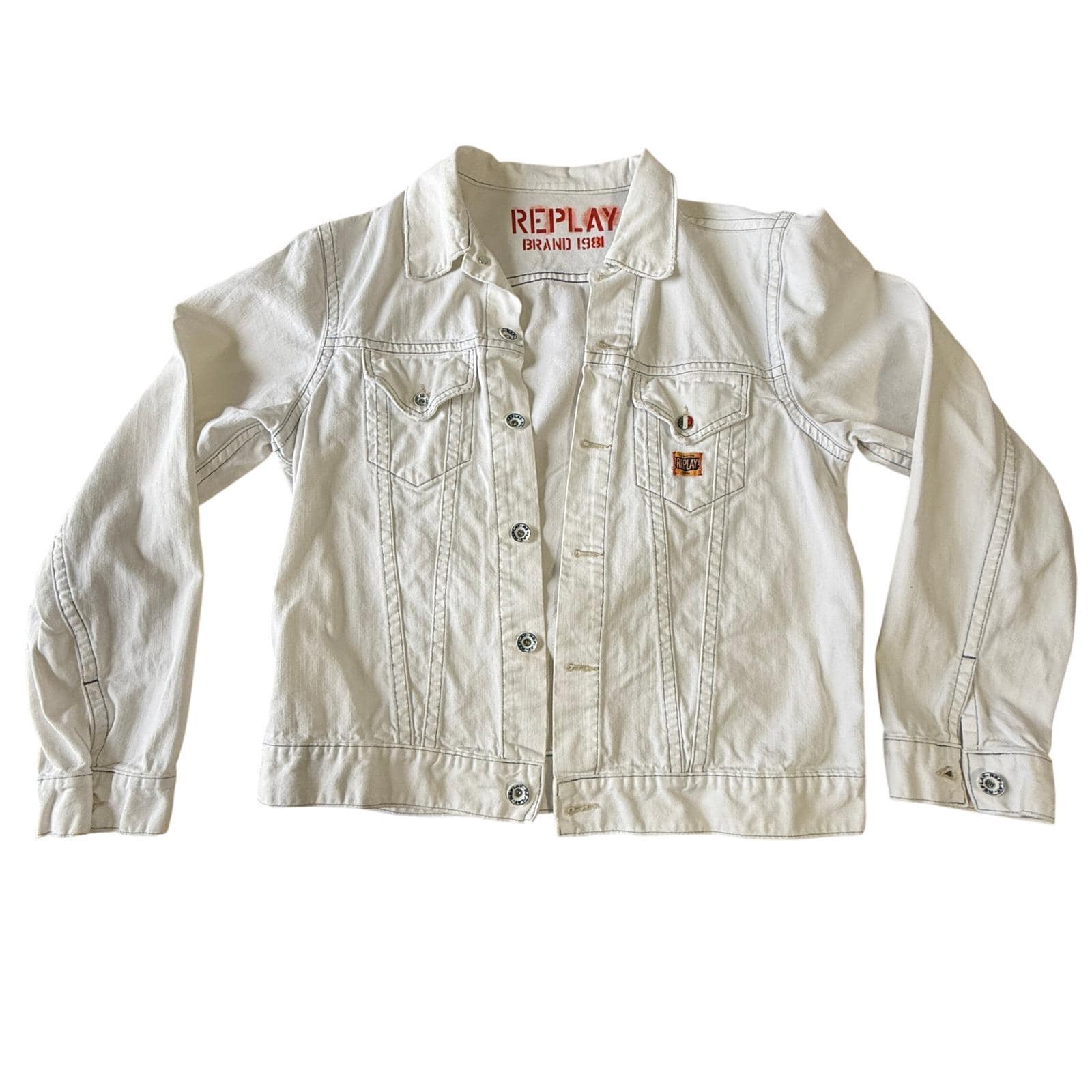 00’s REPLAY denim jaket M white darkwear Replay Denim Jacket Vintage Style Italian Cotton Trucker Unisex