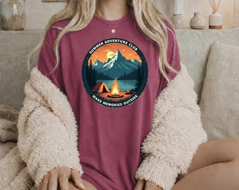 Tee-shirt graphique Outdoor Adventure Club, Camping Mountain, feu de camp
