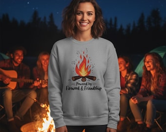 Powered by Firewood & Friendship - Sweat-shirt à col rond | Motif feu de camp, t-shirt de camping confortable