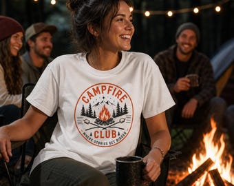 -shirt avec écusson Campfire Club | T-shirt de camping, motif feu de camp