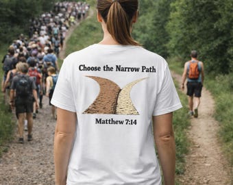 Christian Hiking Shirt – Matthew 7:14 Narrow Path Tee – Faith Outdoor Trail Shirt