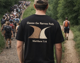 Christian Hiking Shirt – Matthew 7:14 Narrow Path Tee – Faith Outdoor Trail Shirt